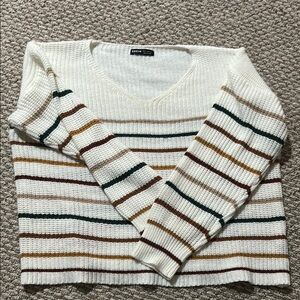 Striped Knit Sweater - Cream, Green, Brown, Yellow